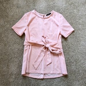 Shein- Blush Pink Tie Short Sleeve Blouse